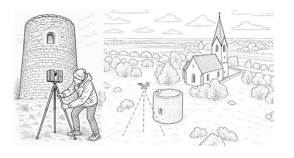 icon presenting the card- medieval tower  and landscape  with drone