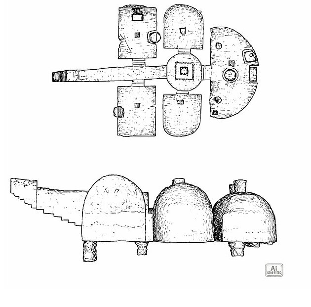 San Salvatore Hypogeum plane and side pen and pencil style